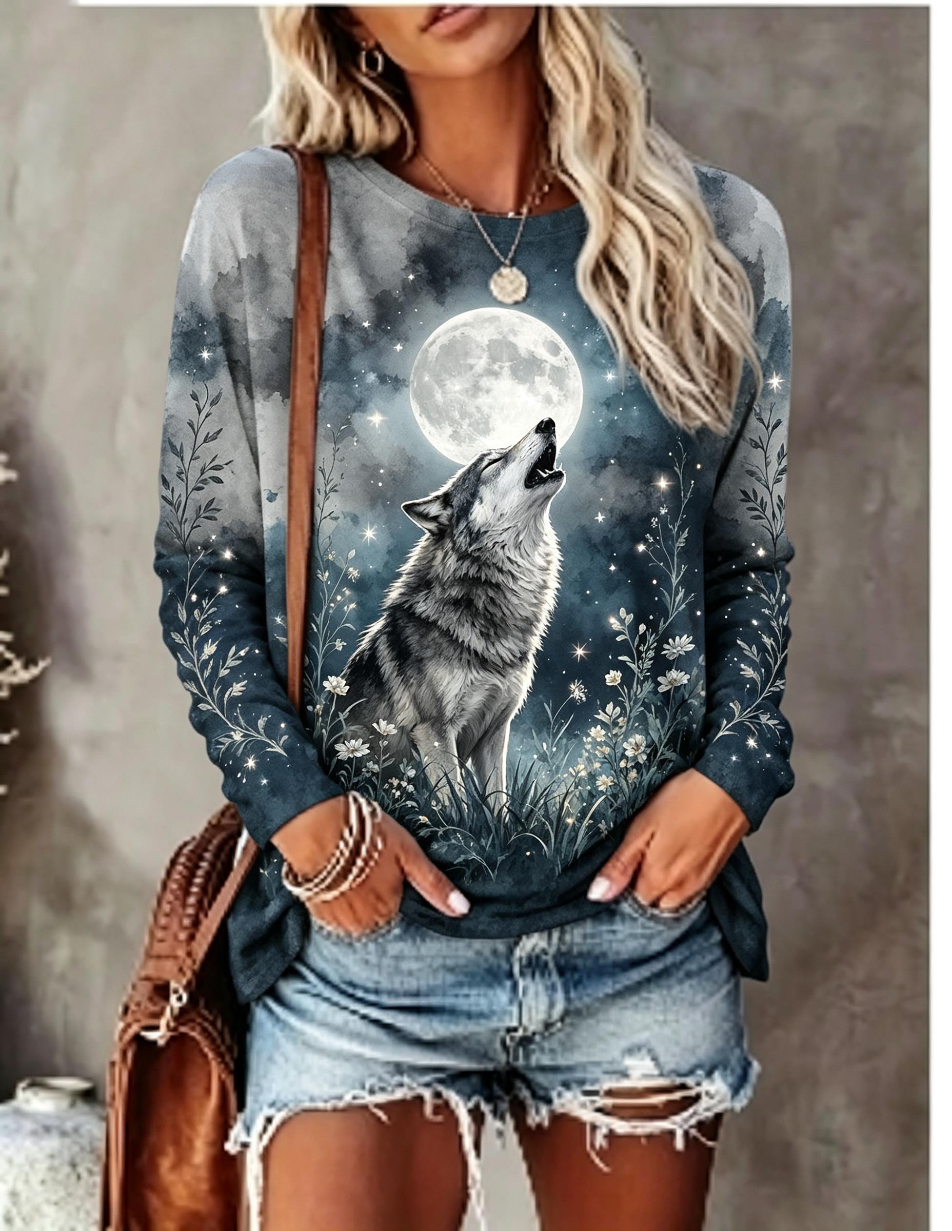 Winter Clothing For Women - Damen-Langarm-T-Shirt mit Wolf, Vollmond und wildem